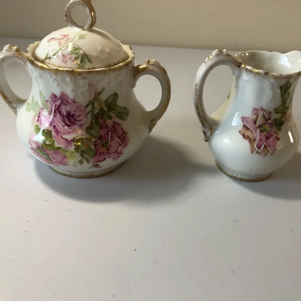 Limoges Vintage Antique Hand Painted Porcelain Sugar & Cream Bowl W/ Lid Roses